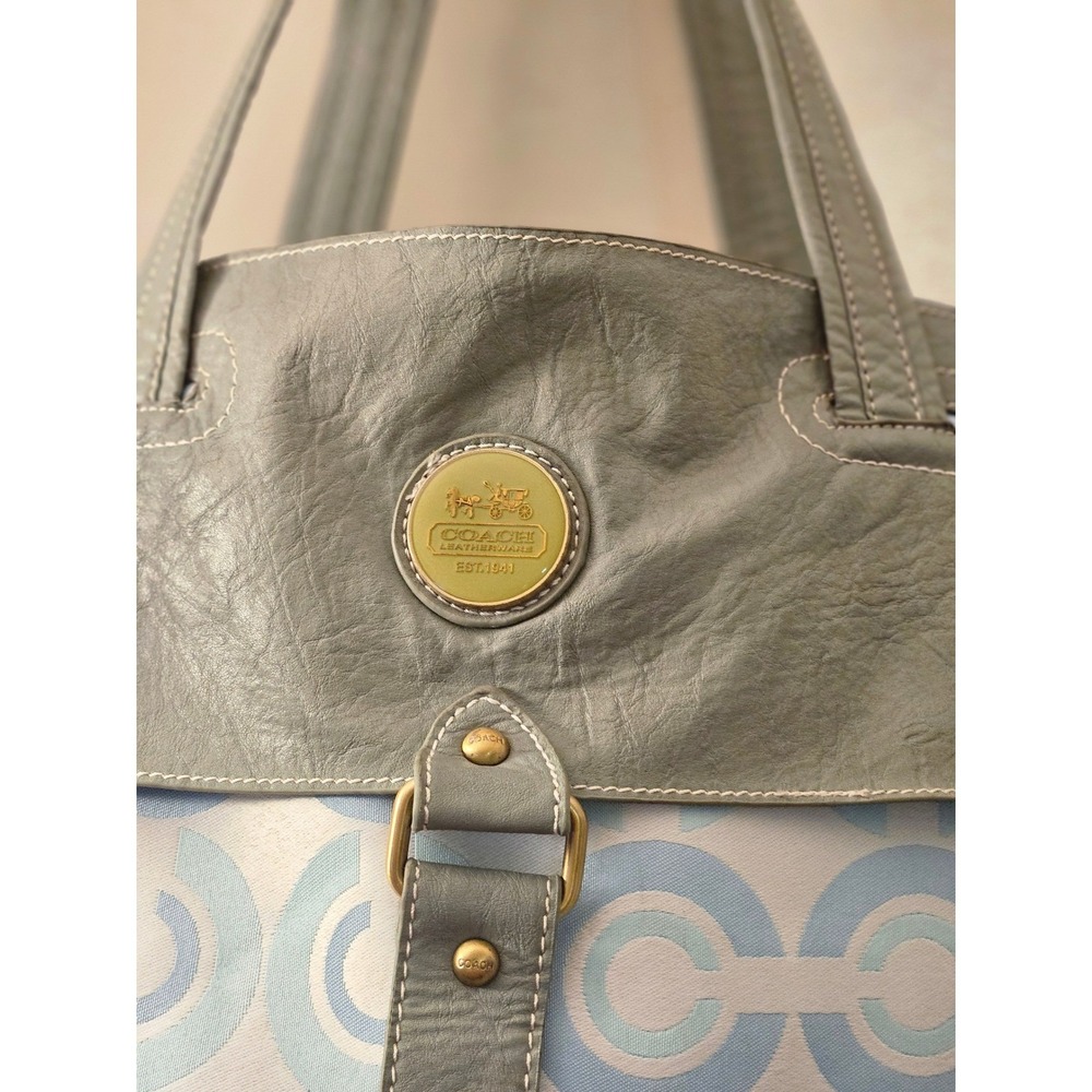 Coach Signature Op Art Print Tote Bag Gray Leather Trim Shoulder Handbag Purse - Picture 3 of 10